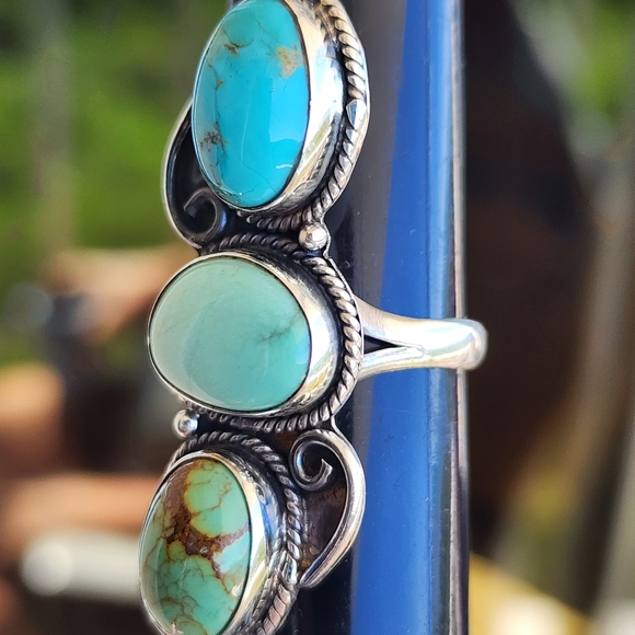 Triple Stone Sterling Silver Native American Turquoise Long Ring Sz 9.5 - Picture 6 of 6